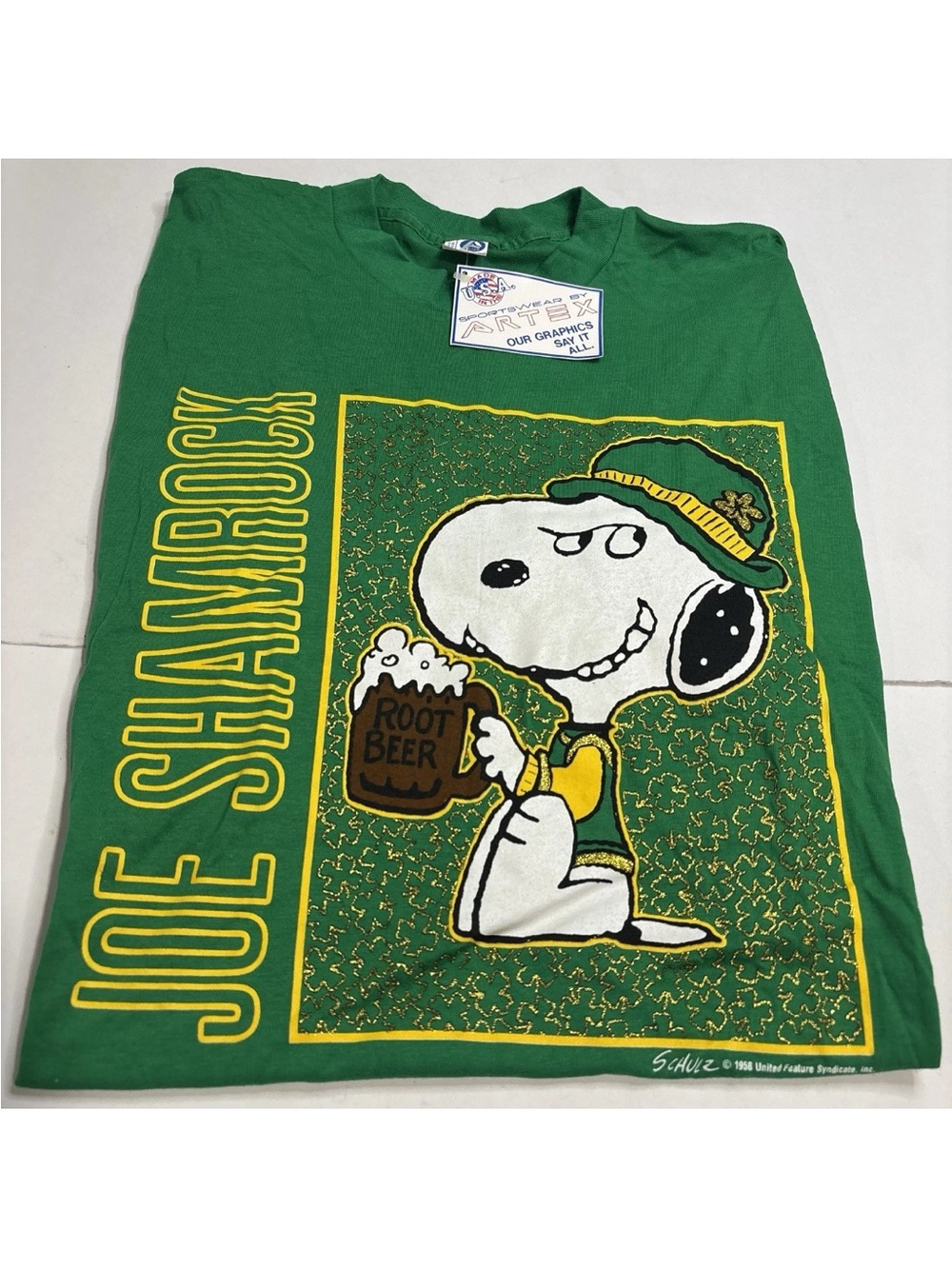 Vintage Snoopy T-Shirt Mens XL Green Joe Shamrock St Patricks Day Schulz 80s